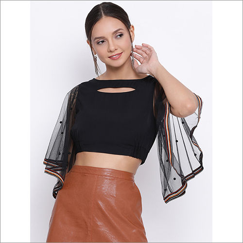 Black Ladies Semi-sheer Net Cropped Top