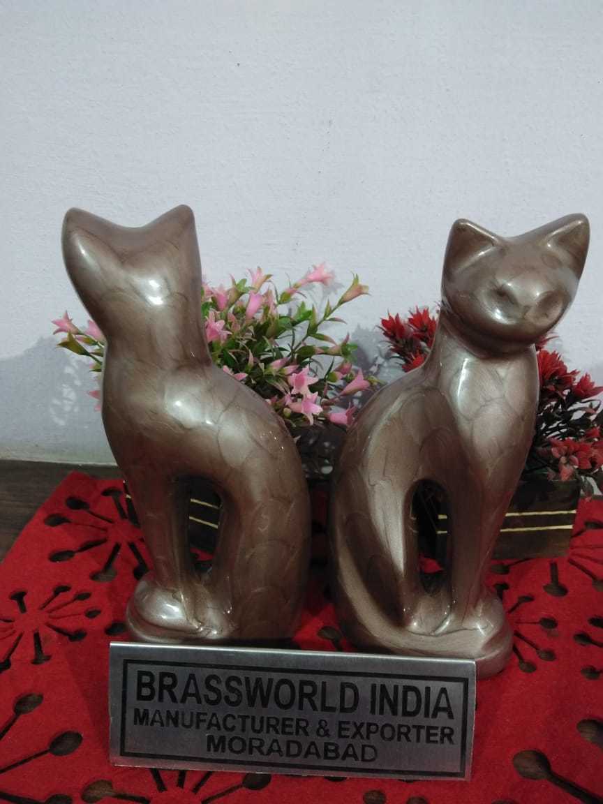 BRASS CAT TEXTURE BROWN PAIR OF STATUE CREMATION URN FUNERAL SUPPLIES