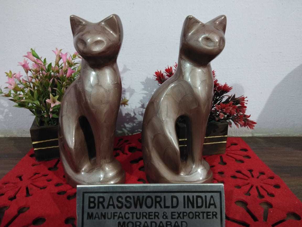 BRASS CAT TEXTURE BROWN PAIR OF STATUE CREMATION URN FUNERAL SUPPLIES