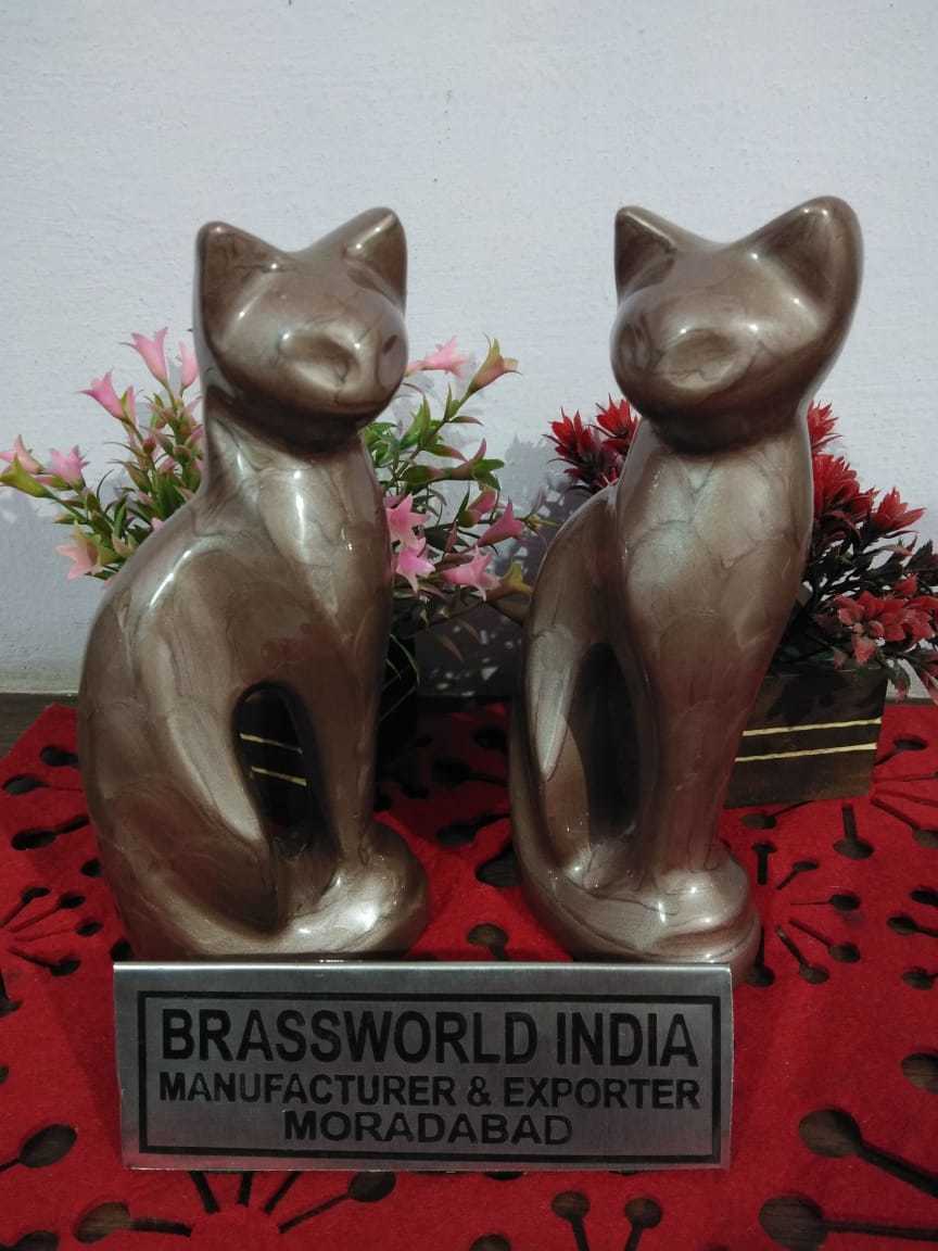 BRASS CAT TEXTURE BROWN PAIR OF STATUE CREMATION URN FUNERAL SUPPLIES