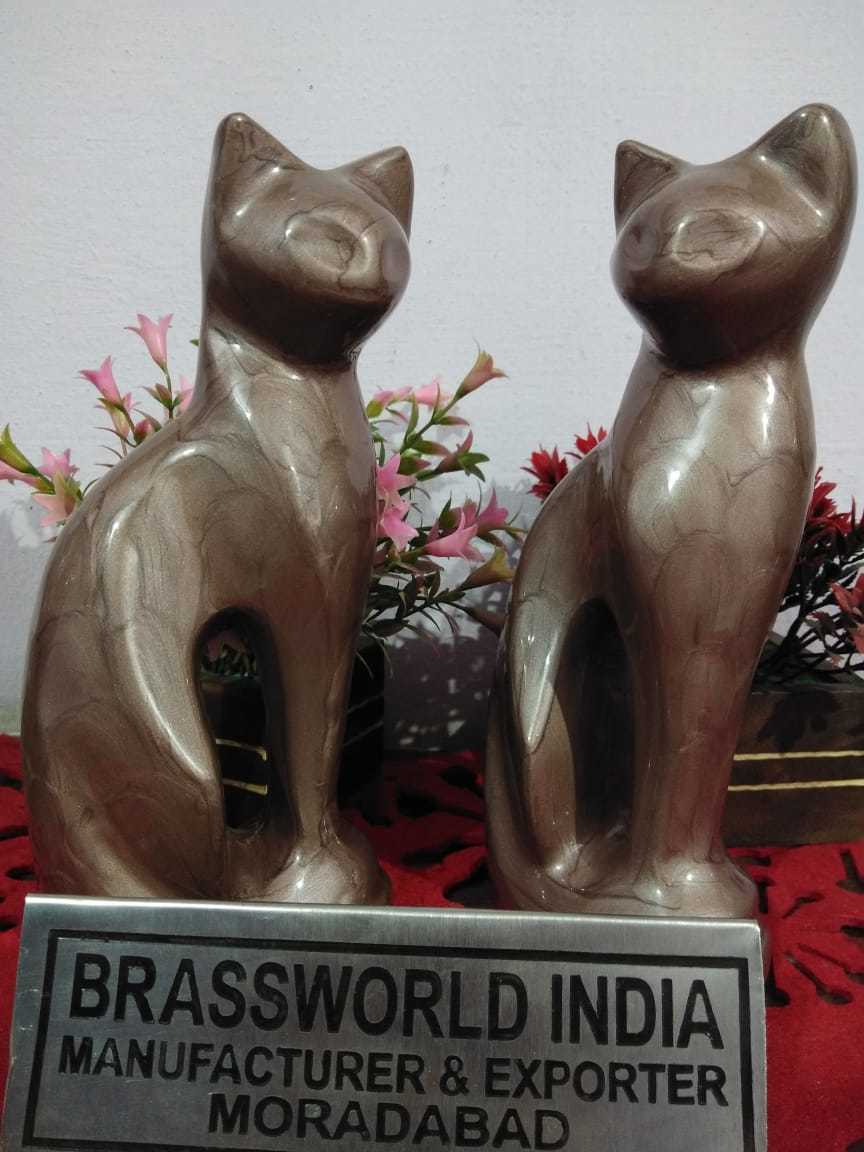 BRASS CAT TEXTURE BROWN PAIR OF STATUE CREMATION URN FUNERAL SUPPLIES