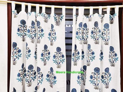 Blue Floral Block Printed Cotton Curtain