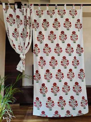 Red Flower Jaipuri Block Printed Cotton Curtain