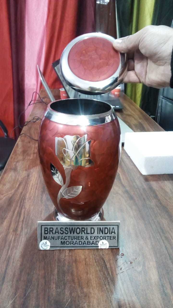 BRASS RED WITH SHINING SILVER ROSE ADULT URN FUNERAL SUPPLIES