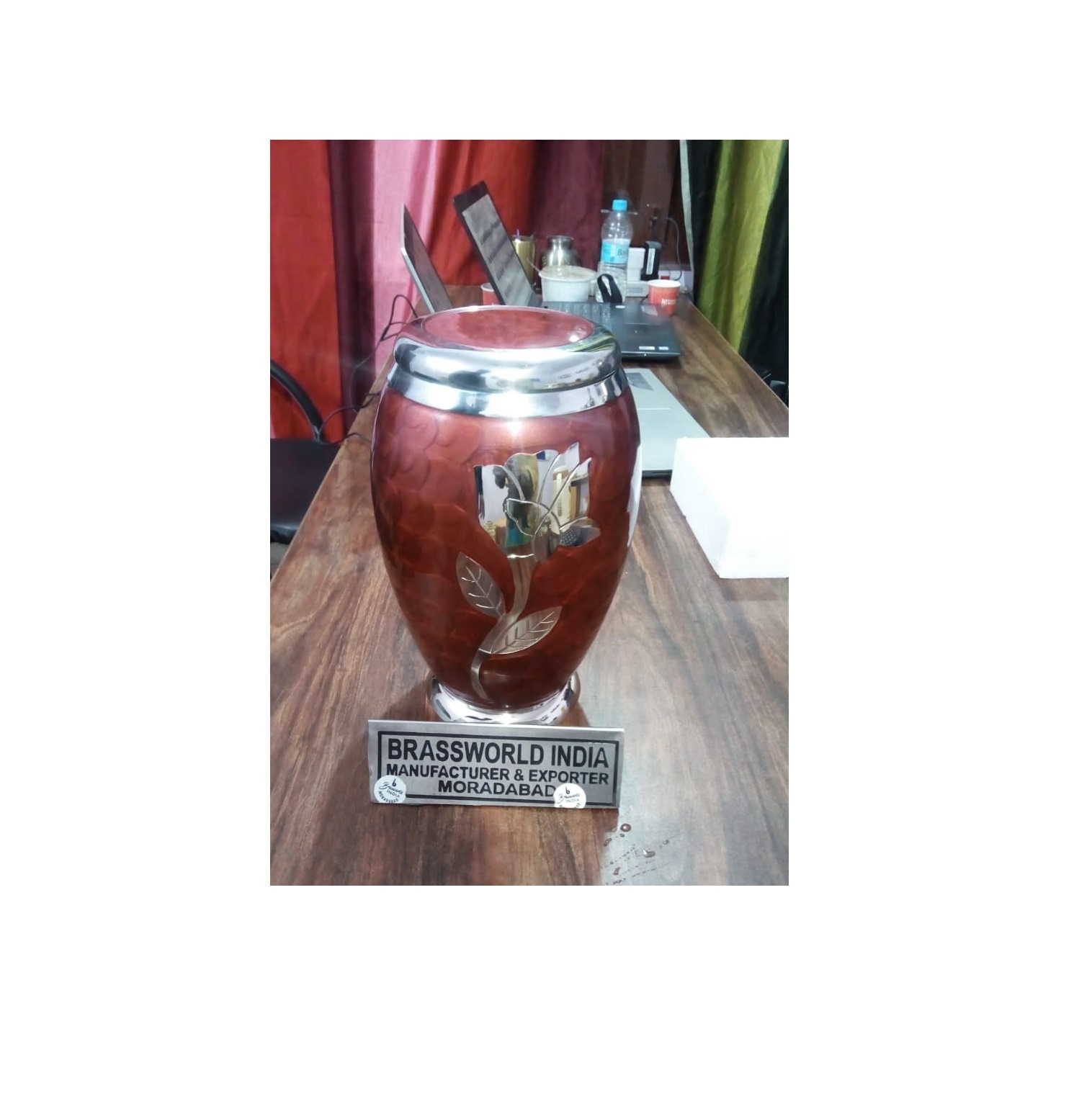BRASS RED WITH SHINING SILVER ROSE ADULT URN FUNERAL SUPPLIES