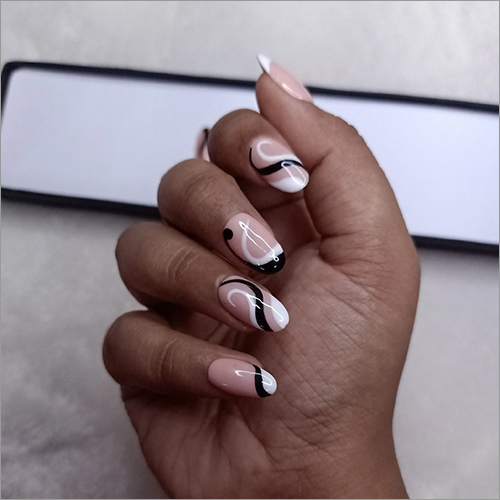 Glossy Nude Black and White Abstract Press On Nails Set