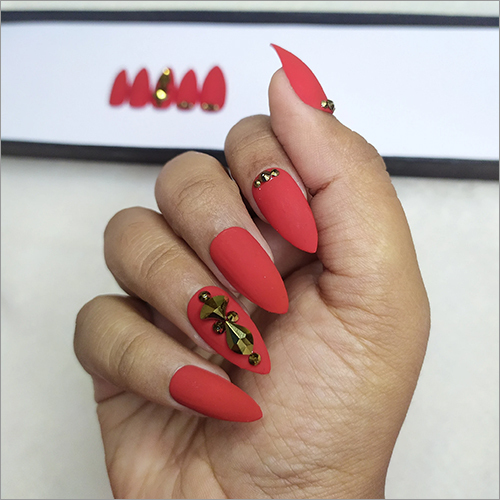 Matte Red Rhinestones Press On Nails Set
