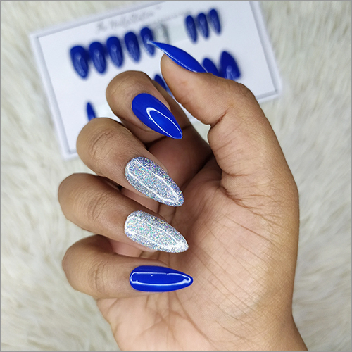 Glossy Blue Silver Holographic Glitter Press On Nails Set