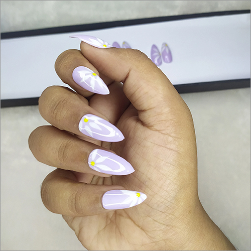 Glossy Lilac Floral Press On Nails Set - ABS Plastic, Various Sizes, Lilac | Easy Application, Long-Lasting, Re-Usable, Stiletto Shape