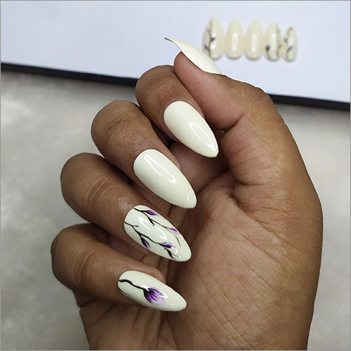 Glossy Off White Purple Floral Press On Nails Set - ABS Plastic, Almond Shape, Multiple Sizes | Stylish Design, Easy Application, Long-Lasting, Reusable, Glue Adhesive, Pack of 10