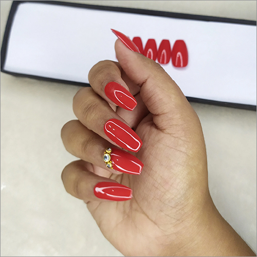 Glossy Red Kundan Stones Press On Nails Set