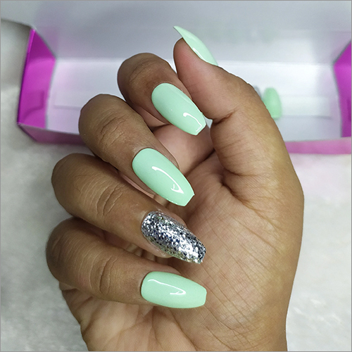 Glossy Pastel Green Silver Glitter Press On Nails Set