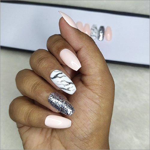 Glossy Light Pink Glitter Marble Press On Nails Set