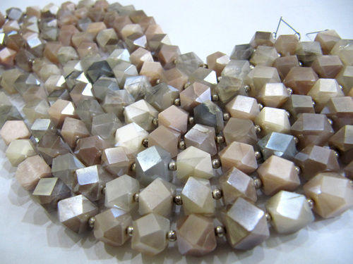 Beige Natural Moonstone Cube Box Shape Briolette Silver Coated Beads