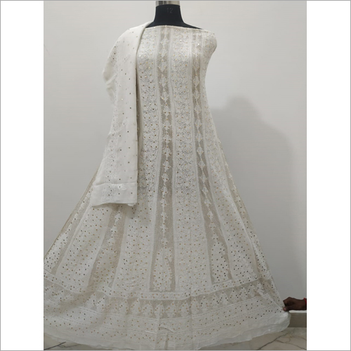 Many Pure Georgette White Chikankari Anarkali Suit Fabric