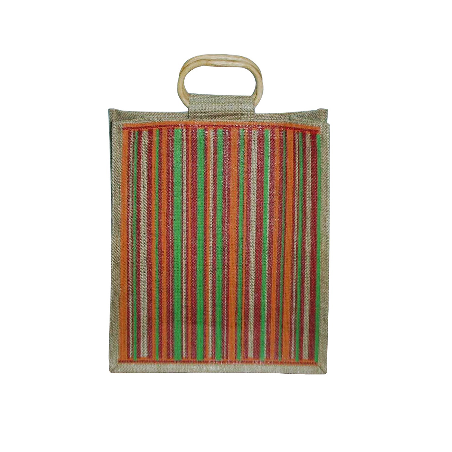 PP Laminated Jute Multicolor Shopping Bag With Wooden Cane Handle