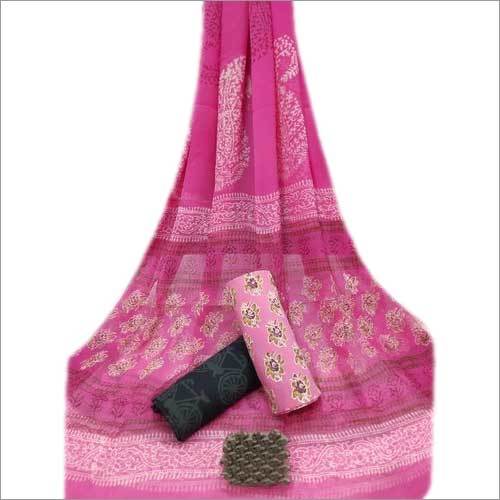 Ladies Pink Bagru Hand Block Printed Cotton Dress Material With Chiffon Dupatta