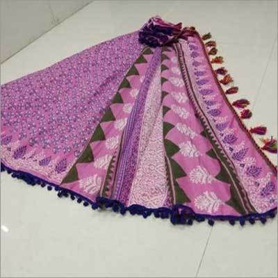 Ladies Traditional Bagru Hand Block Printed Saree with Pompom Lace