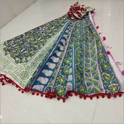 Ladies Hand Block Printed Cotton Saree with Pompom Lace