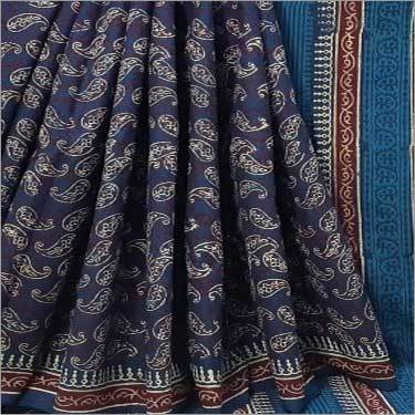 Ladies Blue Exclusive Natural Bagru Ajrakh Hand Block Printed Cotton Saree