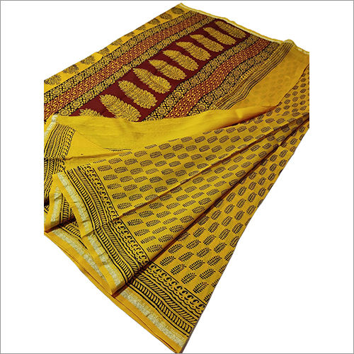 Ladies Chanderi Silk Handblock Bagh Print Saree