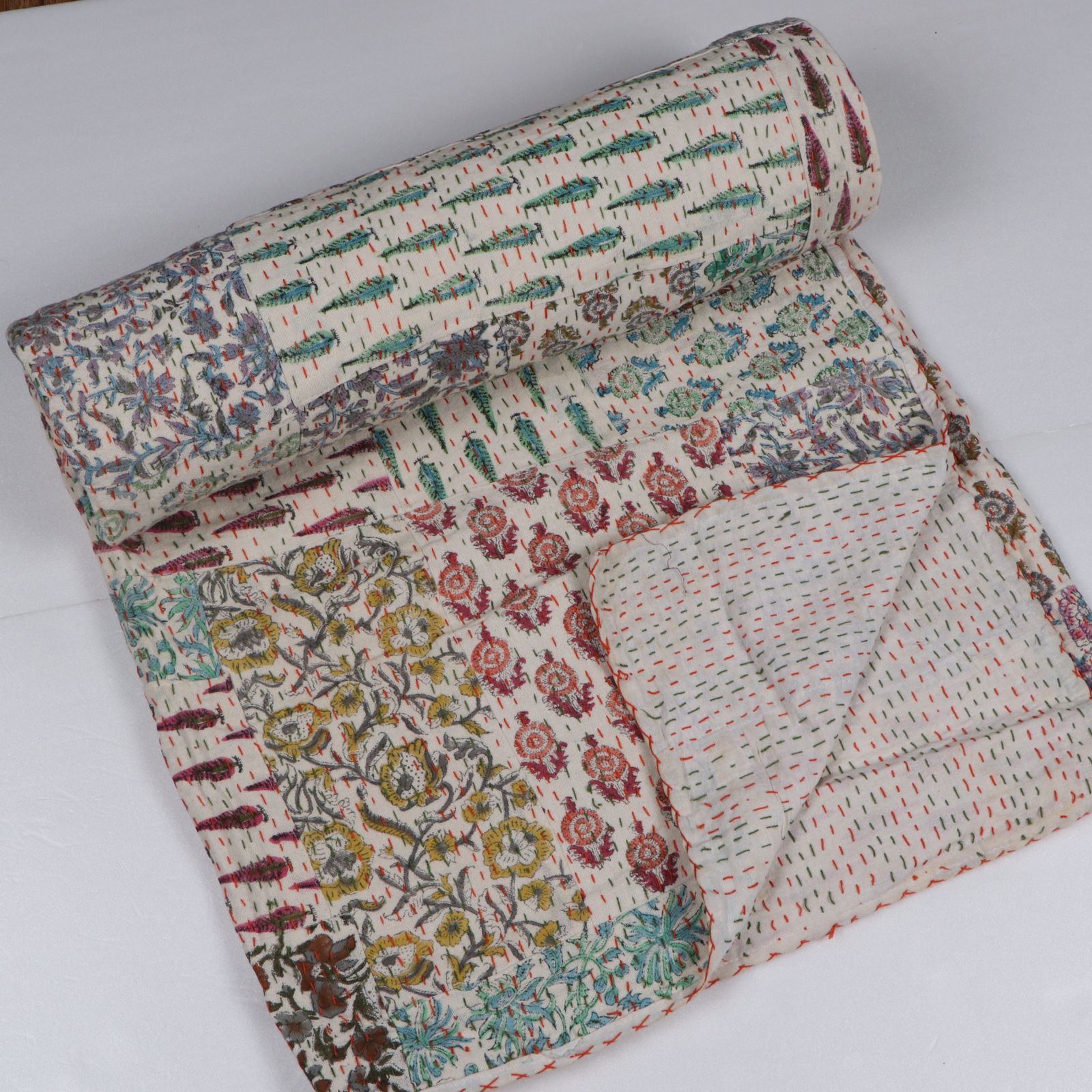 Indian Handmade Printed kantha Bedcover