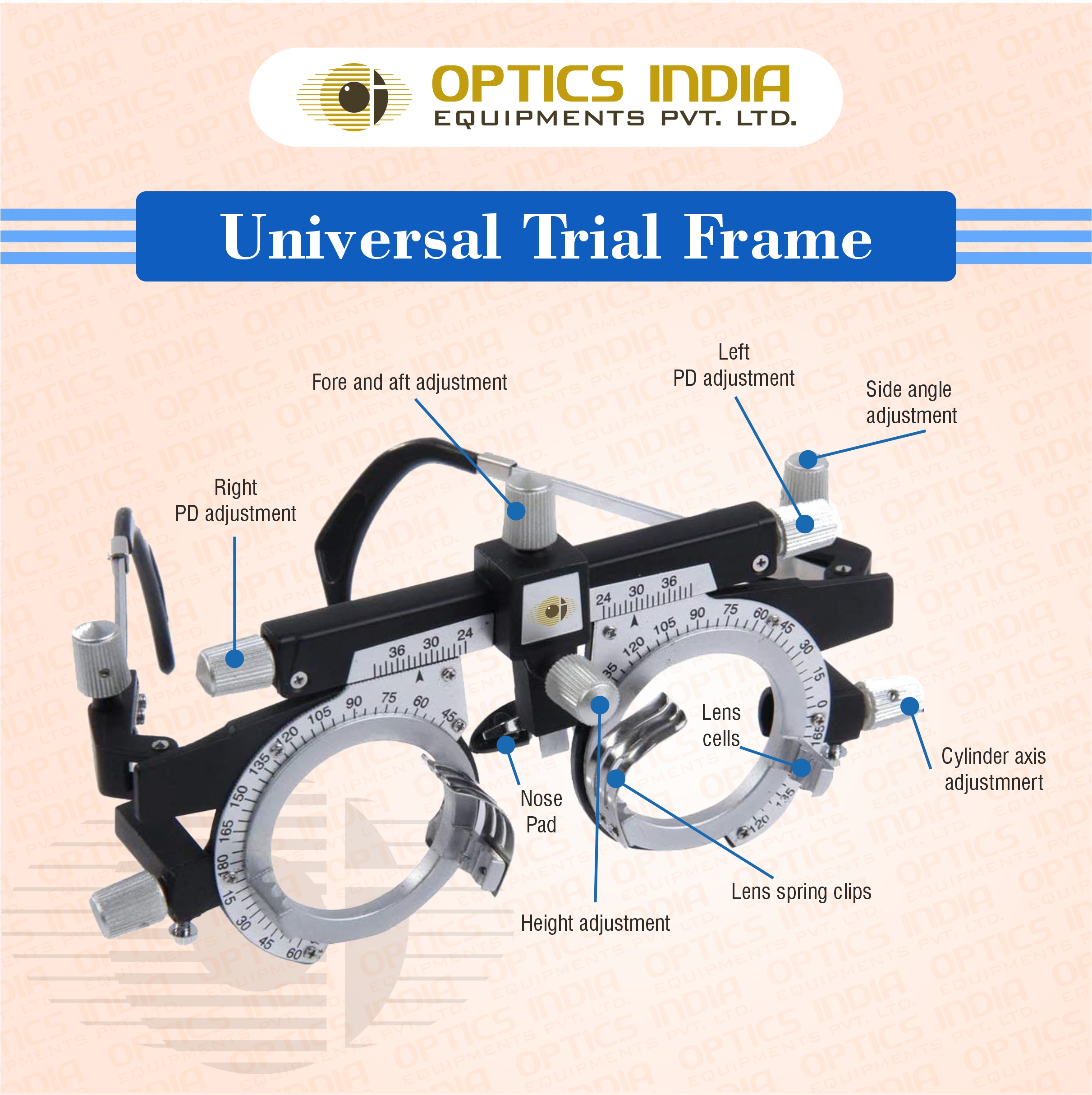 Universal Trial Frame - Stainless Steel, Adjustable 360 Degree Rotation | Black Finish, Precision Geometric Center 0.3mm