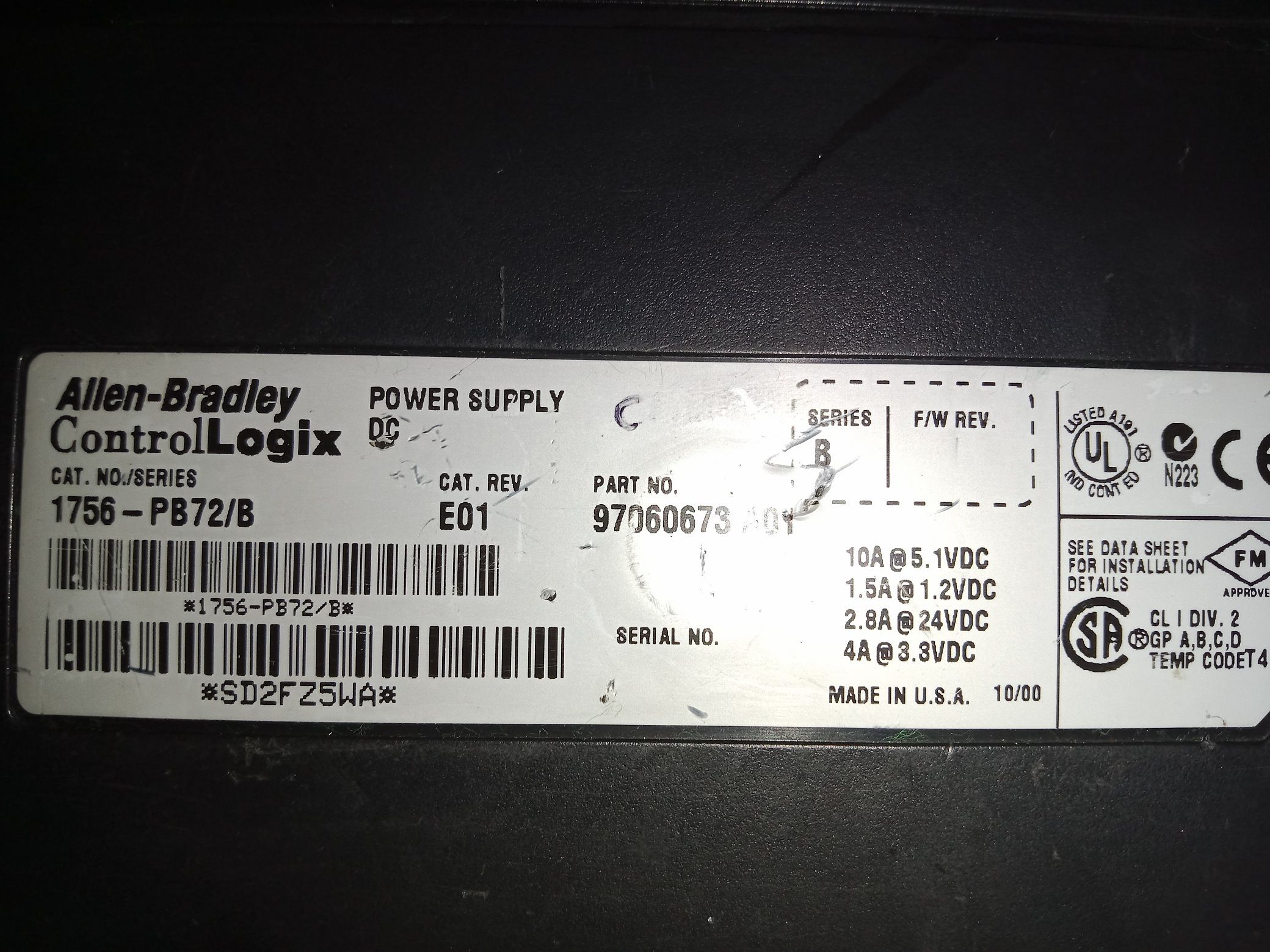 ALLEN BRADLEY POWER SUPPLY 1756-PB72/B