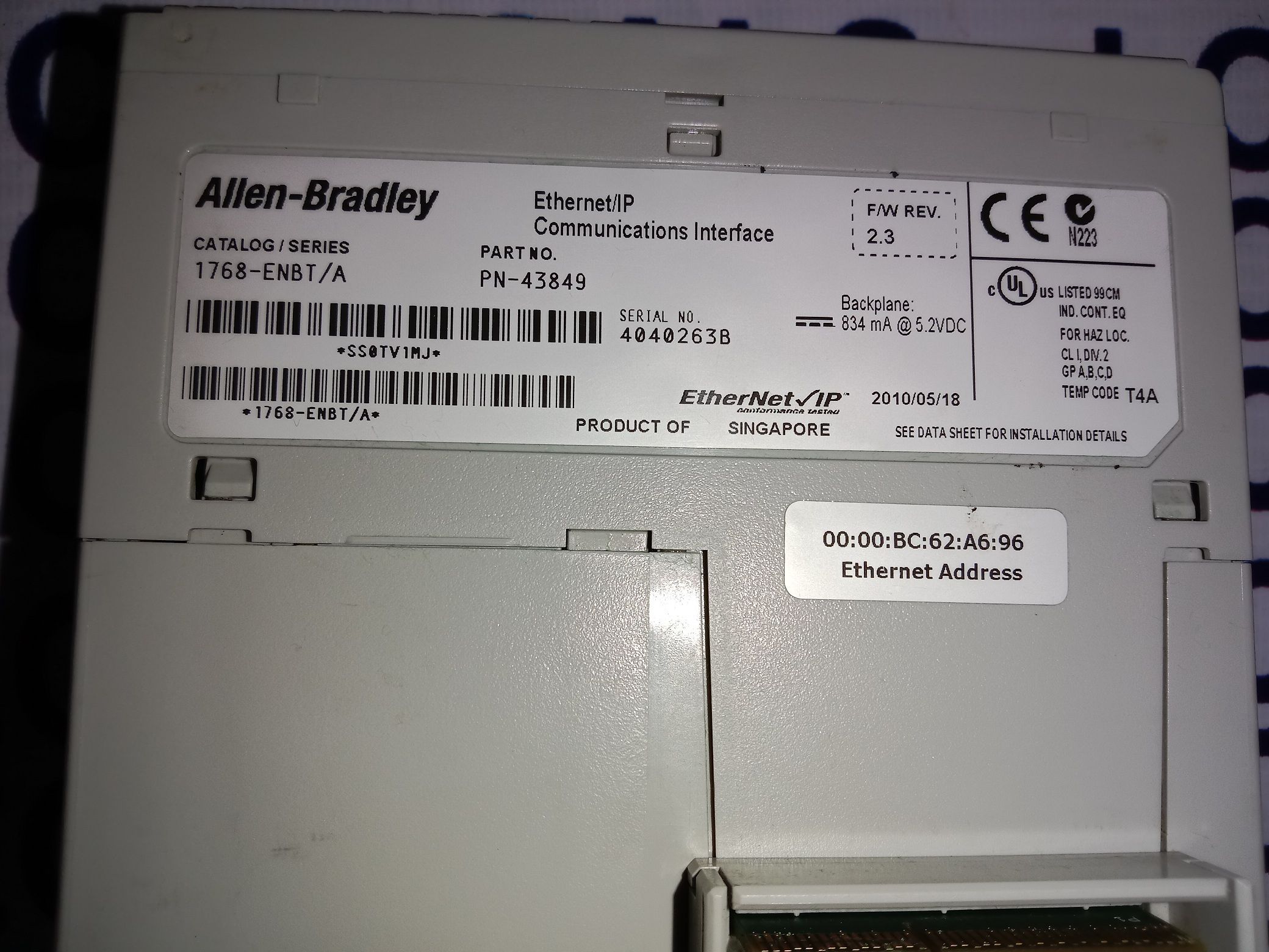 ALLEN BRADLEY INTERFACE MODULE 1786-ENBT/A