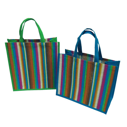 Available In All Color Pp Laminated Striped Print Jute Tote Bag