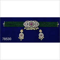 Cz 78530 Green Choker Necklace Set - Silver & Green, Ideal for Festive Occasions and Casual Wear, Perfect for Birthdays and Weddings