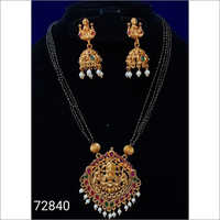Gold Plated Mangalsutra - Adjustable Length, Light Weight | Black Beads Chain With Goddess Lakshmi Pendant & Matching Earrings