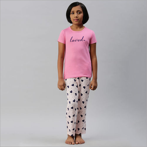 Girls Pink Heart Print Pyjama Set