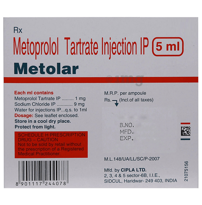 5 ml Metoprolol Tartrate Injection IP