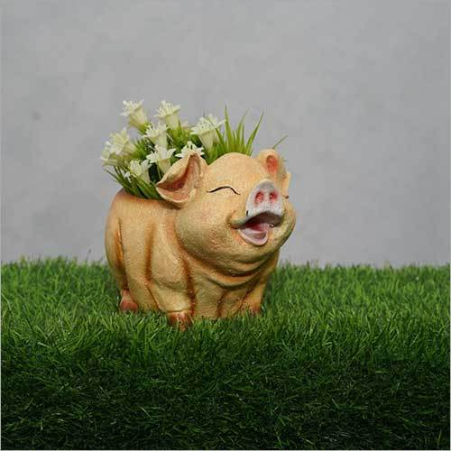 Smailing Pig Planter - Resin and Fiber Material, Light Brown Color | Decorative Garden Accent