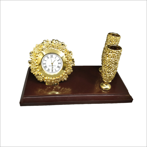Golden Plated Pen Stand With Tabletop Watch