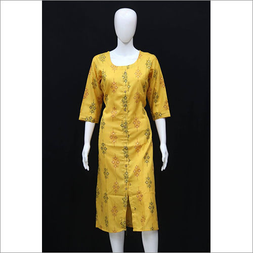 Yellow Ladies Printed Cotton Kurti