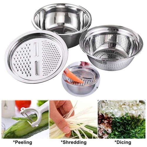 3 In 1 Kitchen Multipurpose Stainless Steel Bowl