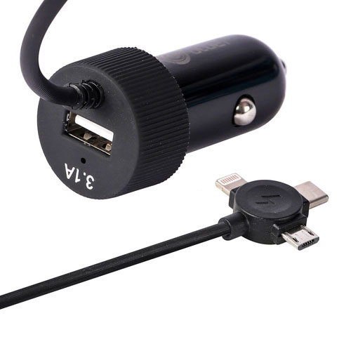 Bluei CC - 11 3.1Amp Fast Car Charger with Dual USB Port, In Built 3 Connector Cable