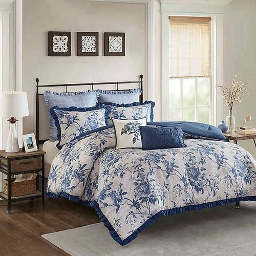 Blue flower printed polyester bed sheet fabric