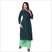 Ladies Dark Green Rayon Printed Kurti And Palazzo Set