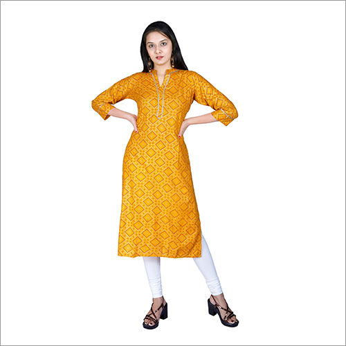 Ladies Yellow Rayon Bandhej Printed Kurti