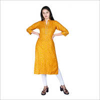 Ladies Yellow Rayon Bandhej Printed Kurti