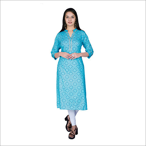 Washable Ladies Light Blue Rayon Bandhej Print Kurti