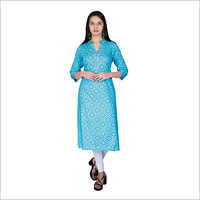 Ladies Light Blue Rayon Bandhej Print Kurti