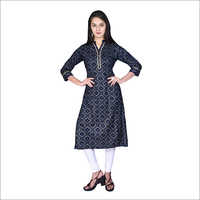 Ladies Rayon Navy Blue Bandhej Print Kurti