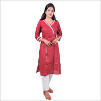 Ladies Maroon Cotton Angrakha Pattern Kurti