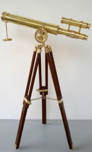 Brass Double Barrel Telescope With Wooden Stand