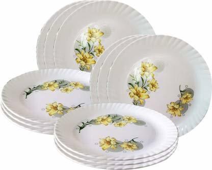 White Set Of 12 Unbreakable Plastic Flower Print Round Dinner Plates