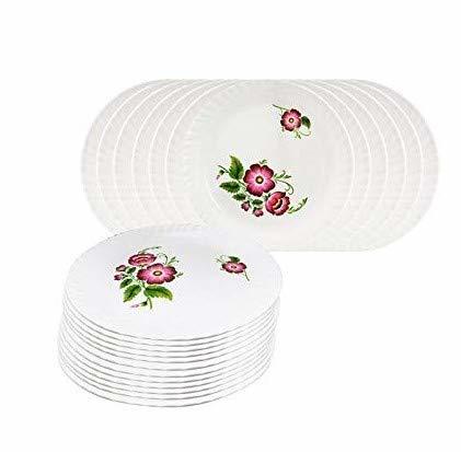 Swift International Flower Print White Unbreakable 13 Inch Round Printed Plastic Dinner Plates Set (24 Pieces)